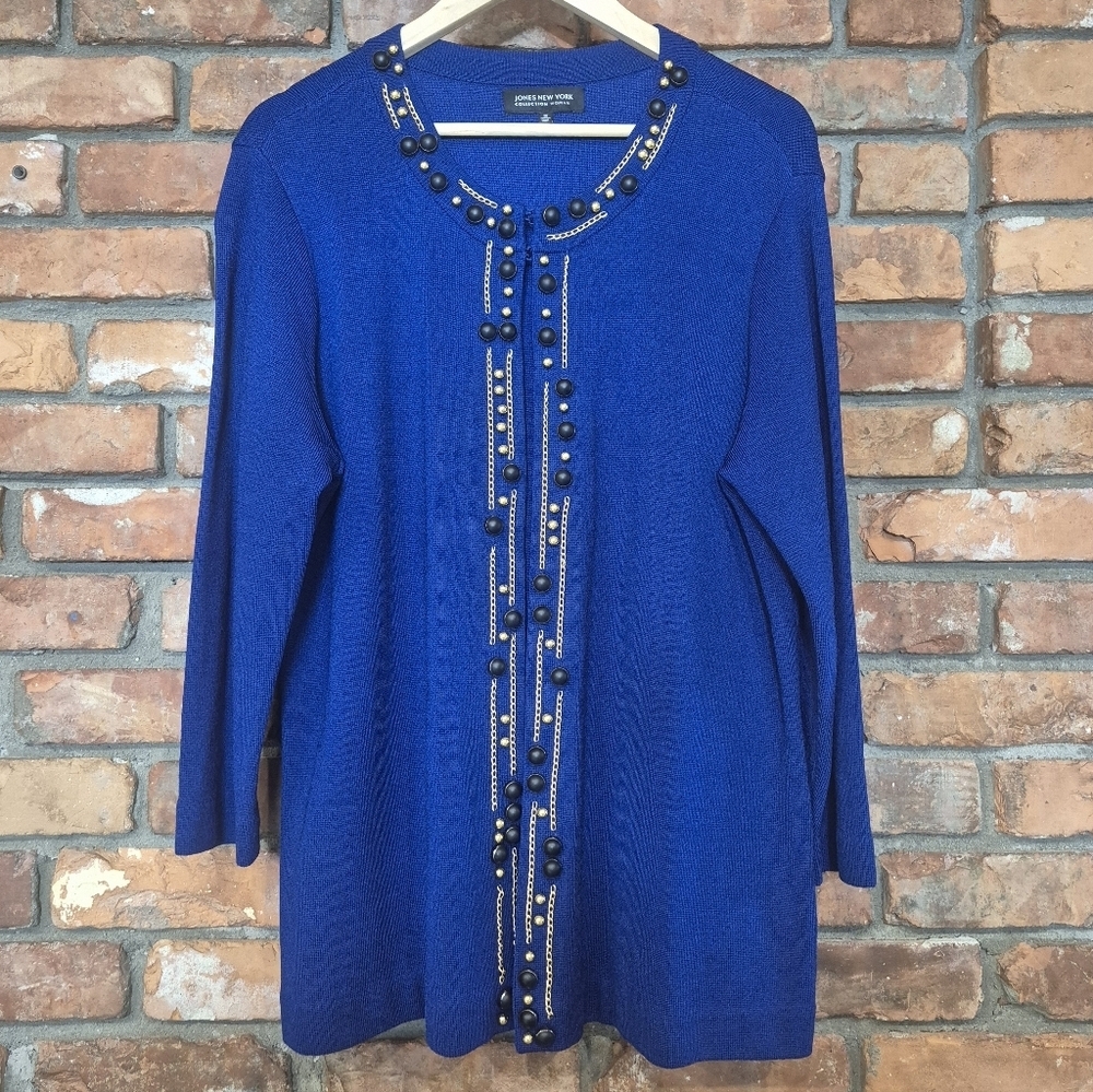 Cobalt Embellished Statement Knit Jacket | 1X | Heavyweight Structured
